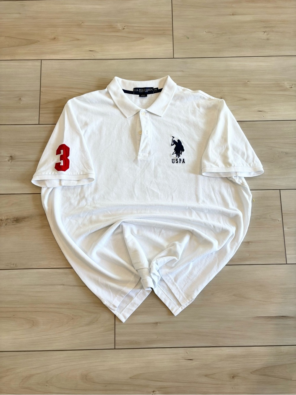 U.S. Polo Assn. Y2K Big Pony Men White Polo with Red Sleeve Number and Navy Logo